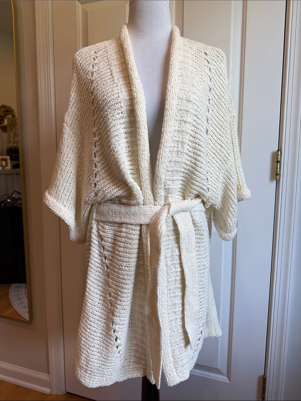 Veronica Beard Cream Knit Belted Open-Front Poncho Cardigan